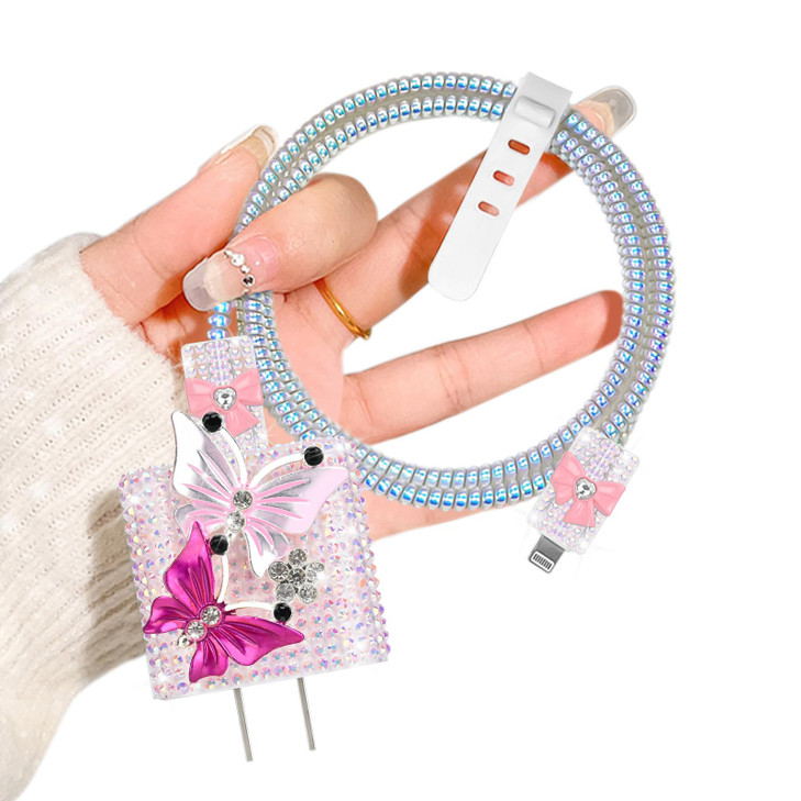 Diamond DIY Cable Protector for iPhone Adapter Charger, Colorful Cherry Luxury Glitter Design, Love Soft Data Cable Wire Saver Charger Cover Case for