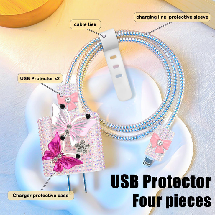 Diamond DIY Cable Protector for iPhone Adapter Charger, Colorful Cherry Luxury Glitter Design, Love Soft Data Cable Wire Saver Charger Cover Case for