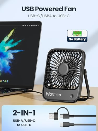 Warmco USB Desk Fan 2Pack, USB C Corded Powered Personal Fan(No battery), Strong Airflow, 3 Speeds Wind Small USB Desktop Fan With 180° Tilt Folding