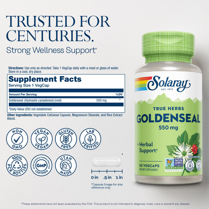 SOLARAY Goldenseal Root Capsules - 550 mg, Golden Seal Herbal Supplements for Wellness Support, Vegan, No Gluten, for Adults - 50 Count VegCaps