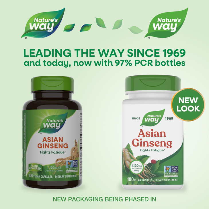Nature's Way Asian Ginseng, Fights Fatigue*, 1,120mg Per 2-capsule Serving, Non-GMO Project Verified, Vegan, 100 Capsules (Packaging May Vary)