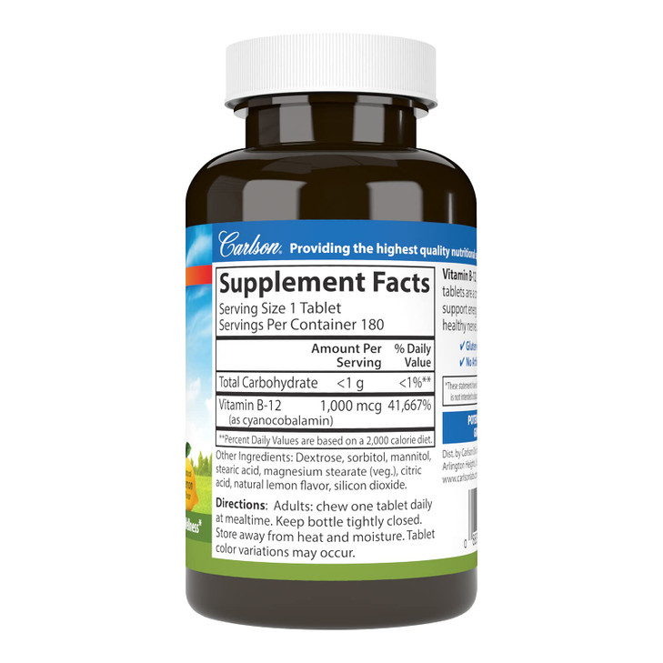 Carlson - Chewable B-12, 1000 mcg, Energy Production, Nerve Function & Optimal Wellness, Lemon, 180 tablets