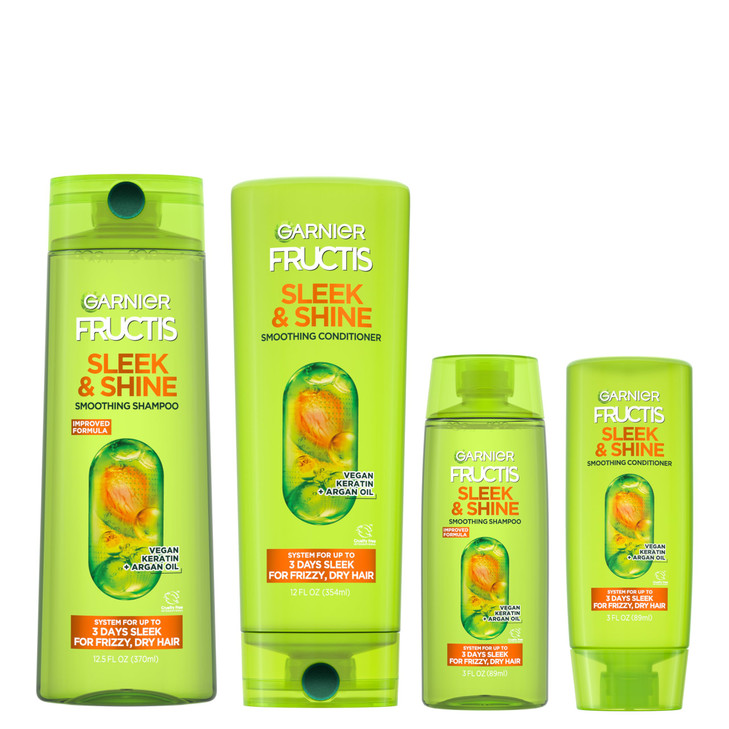 Garnier Fructis Sleek & Shine Full + Travel Size Shampoo (12.5 & 3 Fl Oz) + Conditioner (12 & 3 Fl Oz) Set for Frizzy, Dry Hair, Plant Keratin + Arga