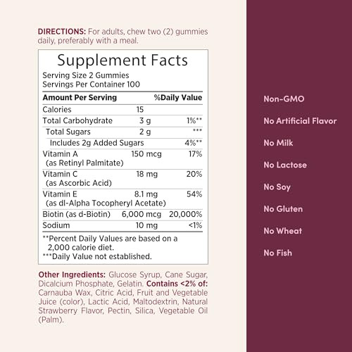 Nature's Bounty Optimal Solutions Advanced Hair, Skin, Nails, 2X Biotin, 200 Strawberry Gummies