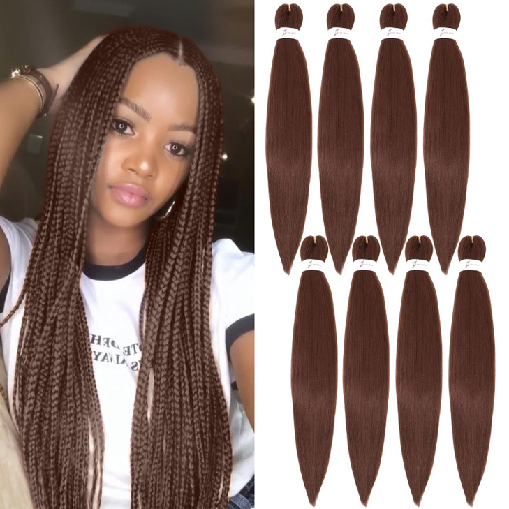 Brown Braiding Hair Pre Stretched 26 Inch 8 Packs Pre-Stretched Braiding Hair Hot Water Setting Soft Yaki Synthetic Knotless Braid Hair Extensions fo