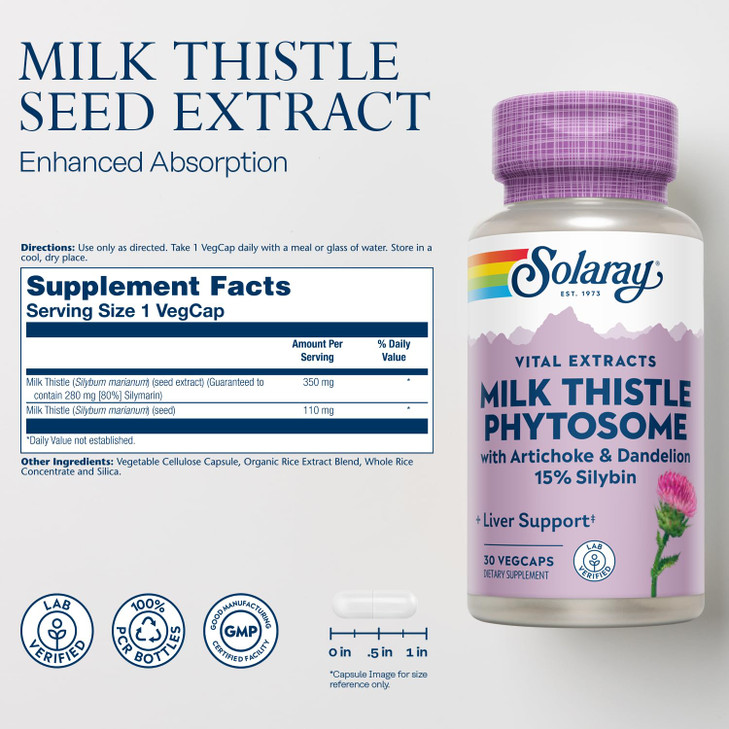 SOLARAY Milk Thistle Phytosome with Artichoke, Dandelion, and Ginger - Milk Thistle Extract Supplying 15% Silybin - Liver Supplement - 60-Day Guarant