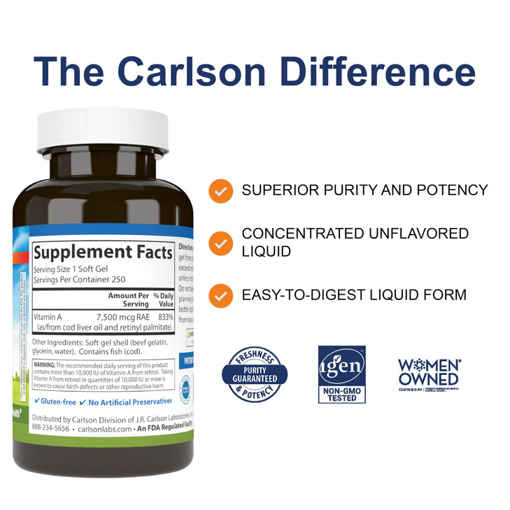 Carlson - Vitamin A, 25000 IU (7500 mcg RAE), Immune Support, Vision Health, Antioxidant, Vitamin A Supplements, 250 Softgels