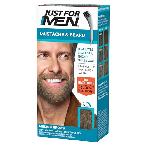 Just For Men Mustache & Beard, Beard Coloring for Gray Hair with Brush, with Keratin Biotin Aloe and Coconut Oil for Healthy Facial Hair - Medium Bro