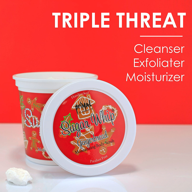 Primal Elements Sugar Scrub, Exfoliating Sugar Whip, Face and Body Cleanser, Moisturizer, Gingerbread, 10 oz Package