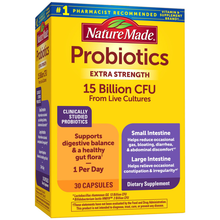 Nature Made Probiotics for Digestive Health Extra Strength 15 Billion CFU from Live Cultures, Probiotics for Women and Men, 30 Probiotic Capsules, 30