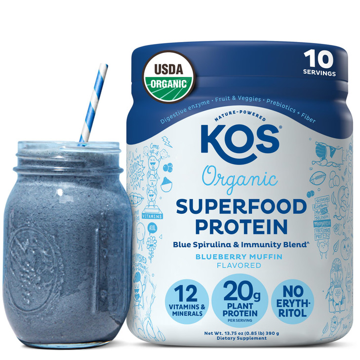 KOS Plant Based Protein Powder, Blueberry Muffin - Organic Pea Protein Superfood with Spirulina and Immune Support Blend. Soy, Gluten, Dairy Free - V