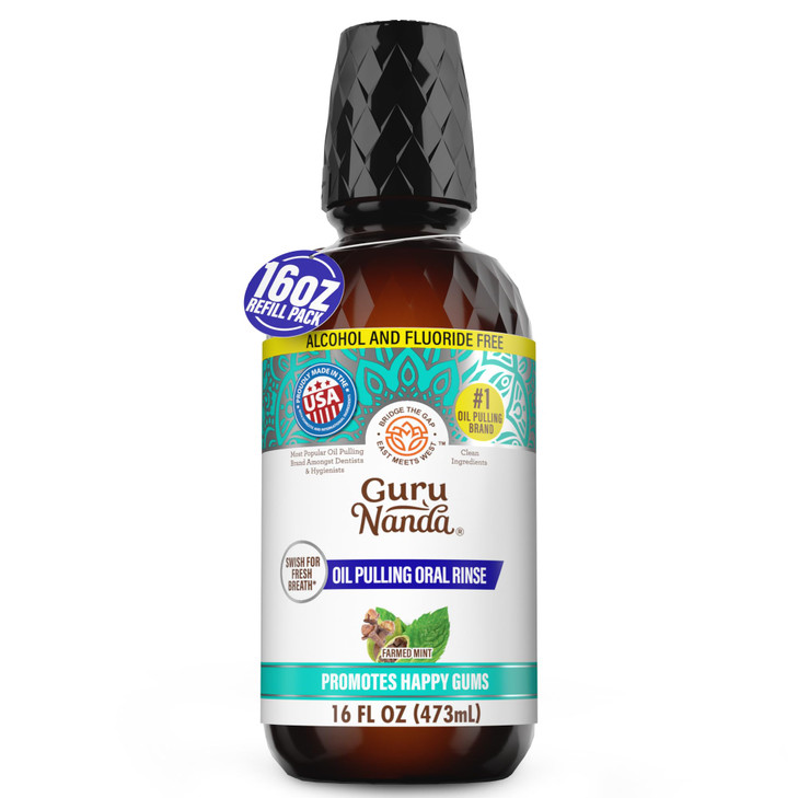 GuruNanda CocoMint Oil Pulling Mouthwash for Complete Oral Hygiene, 7 Essential Oils & Vitamins for Happy Teeth & Gums & Fresh Breath, Alcohol-Free,