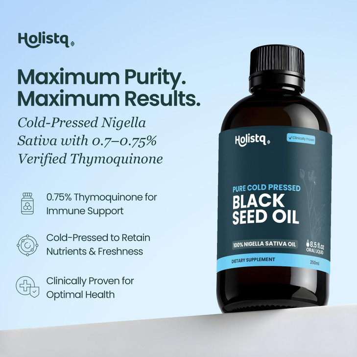 HOLISTQ Black Cumin Seed Oil Organic | Non-GMO & Vegan | Concentrated Thymoquinone | Nigella Sativa Cold Pressed Black Seed Oil for Adult & Kids, Wel
