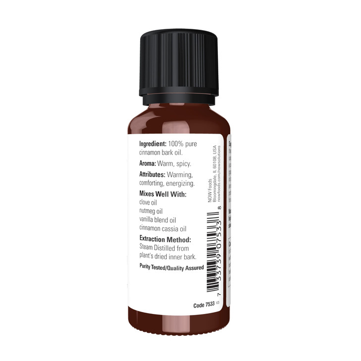 NOW Essential Oils, Cinnamon Bark Oil, Warming Aromatherapy Scent, Steam Distilled, 100% Pure, Vegan, Child Resistant Cap, 1-Ounce