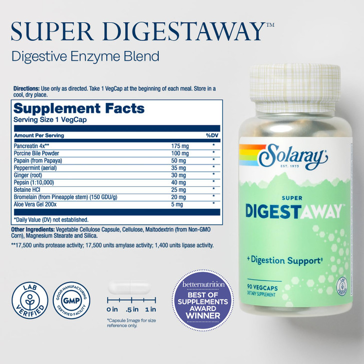 SOLARAY Super Digestaway Digestive Enzymes - Pancreatin, Papain, Ginger, Pepsin, Betaine HCl, Aloe Vera, and More - Digestion & Nutrient Absorption S