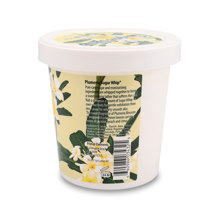 Primal Elements Sugar Scrub, Exfoliating Sugar Whip, Face and Body Cleanser, Moisturizer, Plumeria, 10 oz Package