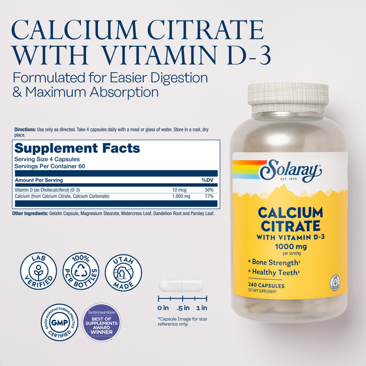 Solaray Calcium Citrate with Vitamin D3 1000mg - Bone Strength and Healthy Teeth Support - Gentle Digestion Formula - Lab Verified, 60-Day Guarantee