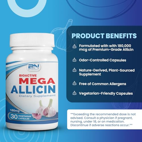 BuyNaturally Allicin Supplement 100% Stabilized from Garlic, Odor-Controlled Extract, 180,000mcg (180mg) Non-GMO, Gluten-Free, Vegan, Supplement for
