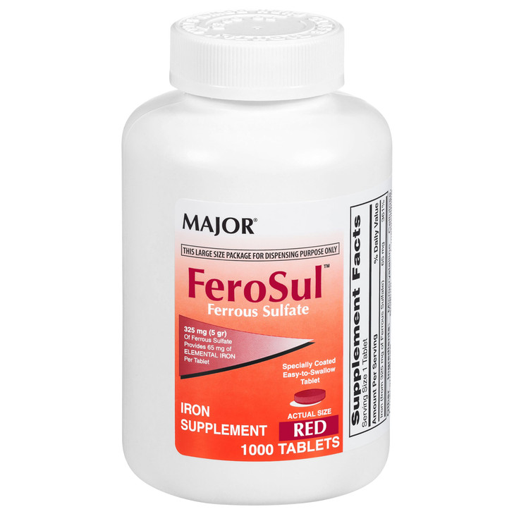 Major FeroSul - Ferrous Sulfate 325 mg Tablets - Iron Supplement for Women and Men - Specially Coated Easy-to-Swallow Tablets - Red - 1000 Count