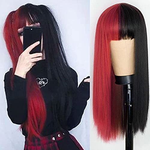 Kaneles Half Red Half Black Wigs with Bangs Long Straight Halloween Cosplay Women Wigs Synthetic Hair Wigs