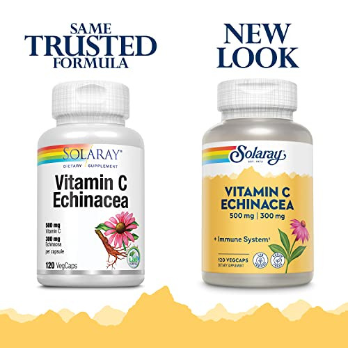 SOLARAY Vitamin C & Echinacea Root | Healthy Immune System Support w/ 500 mg VIT C & 300 mg Echinacea Per Capsule | Non-GMO & Vegan | 120 VegCaps