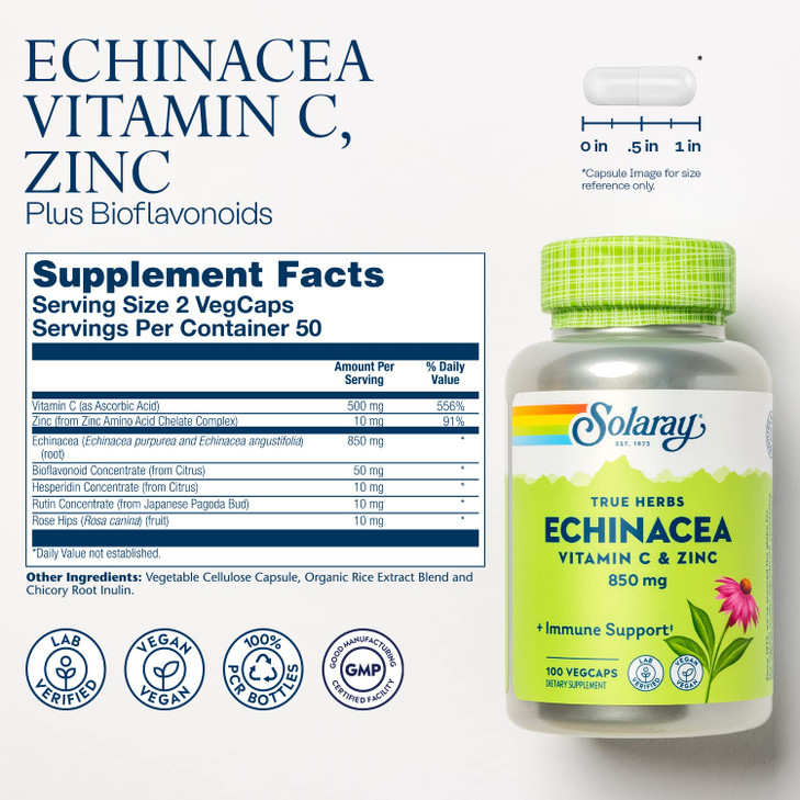 SOLARAY Echinacea Vitamin C and Zinc Wellness Formula - Immune Support Supplement - Echinacea Capsules with Vitamin C 500mg Plus Bioflavonoids, Vegan