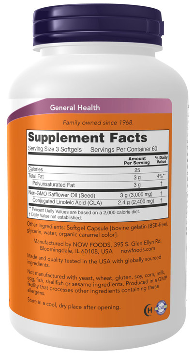 NOW Supplements, CLA (Conjugated Linoleic Acid) 800 mg, Nutritional Oil, 180 Softgels
