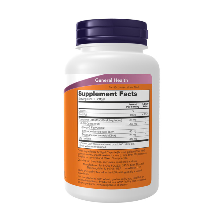 NOW Foods Supplements, CoQ10 60 mg with Omega 3 Fish Oil, Cardiovascular Health*, 120 Softgels