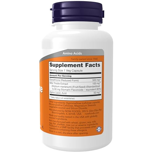 NOW Foods Supplements, Glutathione 500 mg, With Milk Thistle Extract & Alpha Lipoic Acid, Free Radical Neutralizer*, 60 Veg Capsules