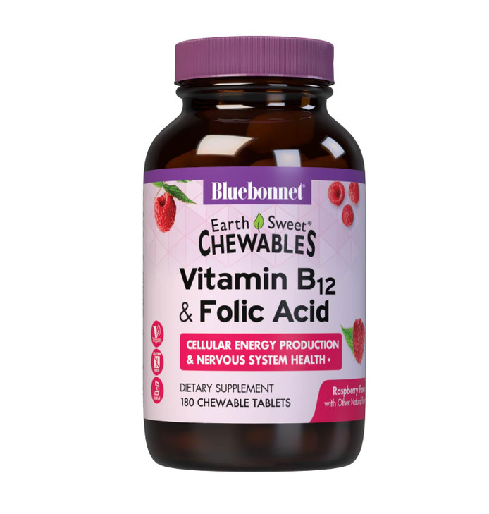 BlueBonnet Nutrition Earth Sweet Vitamin B12 & Folic Acid Chewable Tablets, Cream Raspberry 180 Count (Pack of 1)