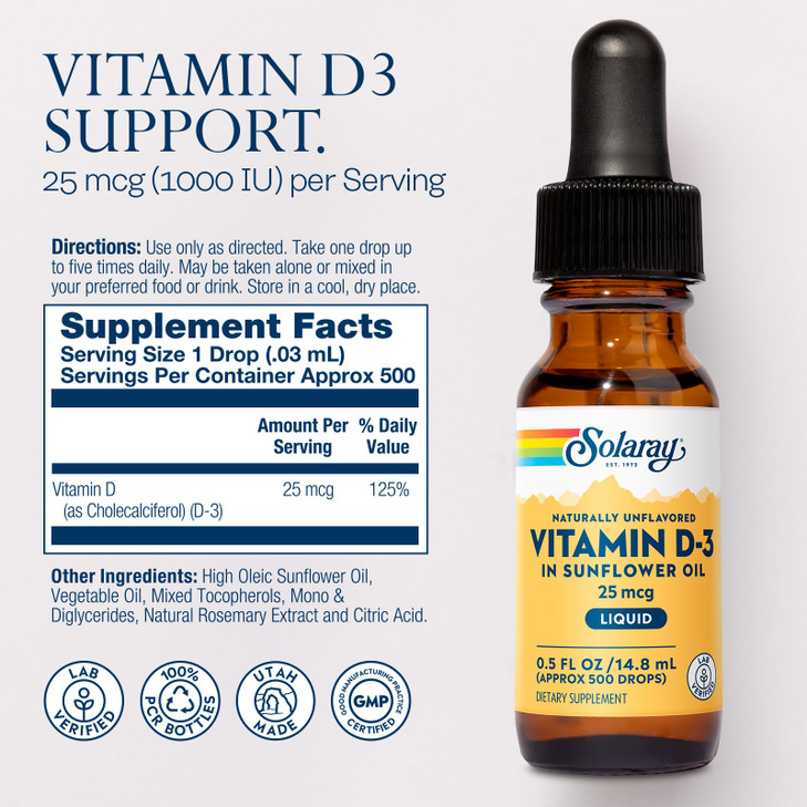 SOLARAY Vitamin D3 Liquid Drops 25 mcg (1000 IU) - Enhanced Absorption Vitamin D Drops in Sunflower Oil for VIT D3 Support - Naturally Unflavored, Dr
