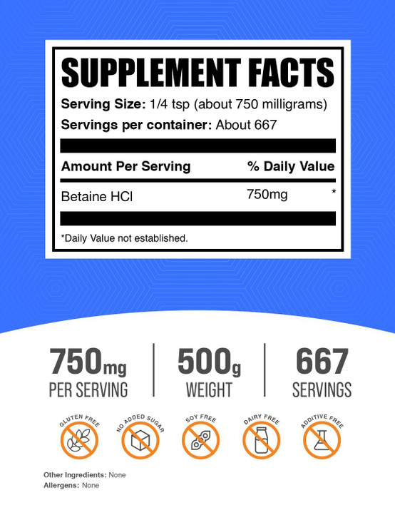 BulkSupplements.com Betaine HCl Powder - Betaine Hydrochloride Supplement, Digestive Support - Gluten Free, 750mg per Serving, 500g (1.1 lbs) (Pack o