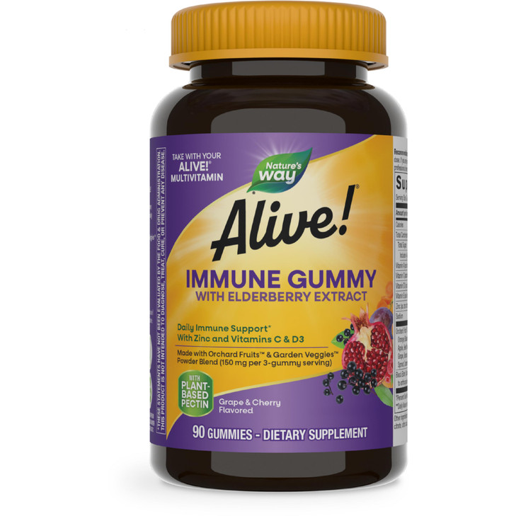 Nature's Way Alive! Immune Support* Gummies with Elderberry Extract, Vitamins C & D3, Zinc, No Gluten, Grape & Cherry Flavored, 90 Vegetarian Gummies