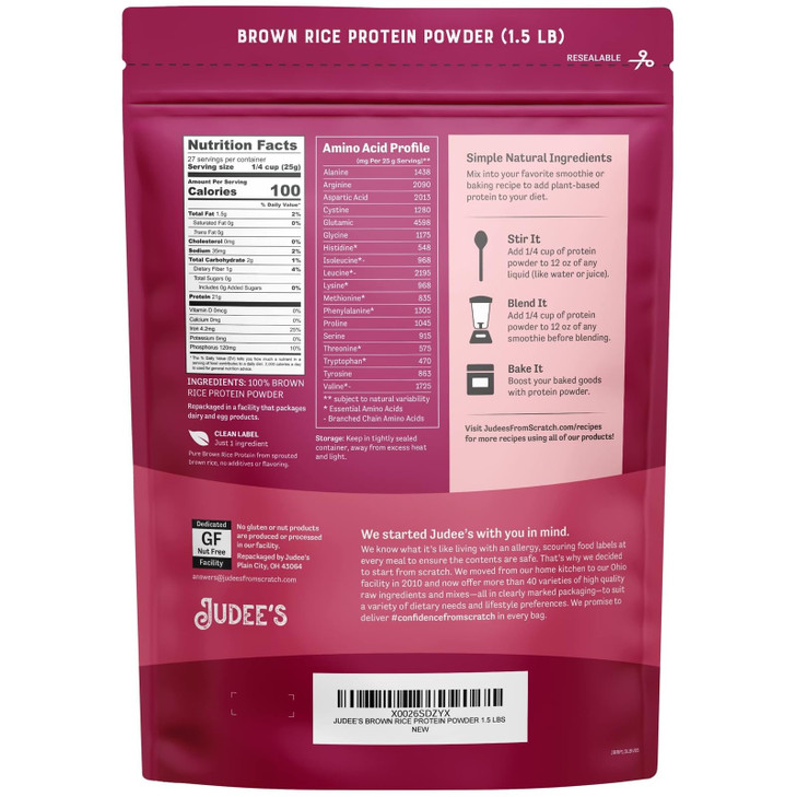 Judee's Gluten Free Brown Rice Protein Powder - Plant-Based Vegan Protein - Gluten-Free Meal Replacement - 1.5 lb, Unflavored