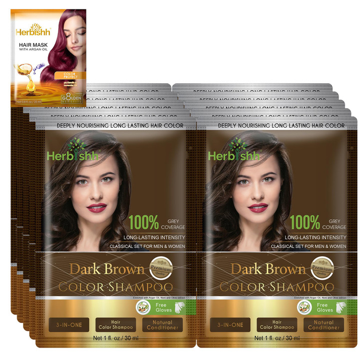 Herbishh Natural Hair Color Shampoo for Gray Hair - Argan Hair Mask, Travel Size, Long-Lasting Color, Ammonia-Free, 10 Pack + 1 Pack (Dark Brown)
