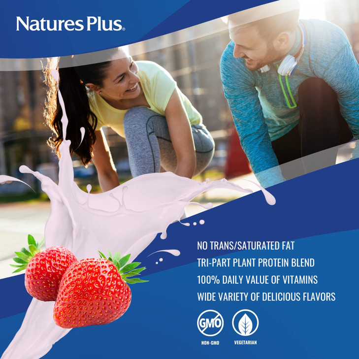 NaturesPlus SPIRU-TEIN Protein Powder Meal - Strawberry - 8 Packets - Plant-Based Protein Shake - Non-GMO, Vegetarian, Gluten Free - 8 Servings