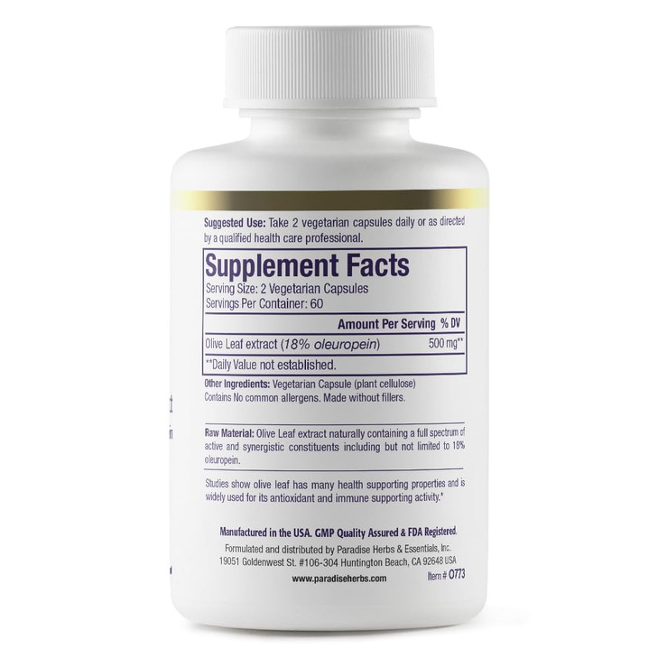 Paradise Herbs Olive Leaf Extract from Spanish Andalusian Olive Trees, Super Potent, Ultra Pure, Non-GMO, Vegan, Gluten Free, 120 Vegetarian Capsules