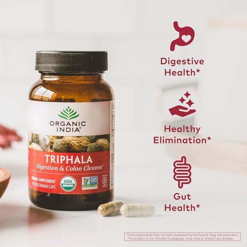 ORGANIC INDIA Triphala Herbal Supplement - Digestion & Colon Support, Immune System Support, Adaptogen, Nutrient Dense, Vegan, Gluten-Free, USDA Cert