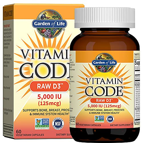 Garden of Life Vitamin D3 5000 IU, Raw Whole Food Supplements with Chlorella, Fruit, Veggies & Probiotics for Bone & Immune Health, 60 Vegetarian Cap