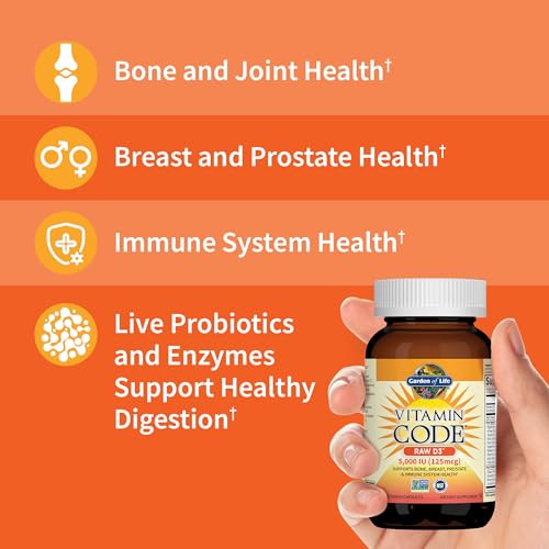 Garden of Life Vitamin D3 5000 IU, Raw Whole Food Supplements with Chlorella, Fruit, Veggies & Probiotics for Bone & Immune Health, 60 Vegetarian Cap