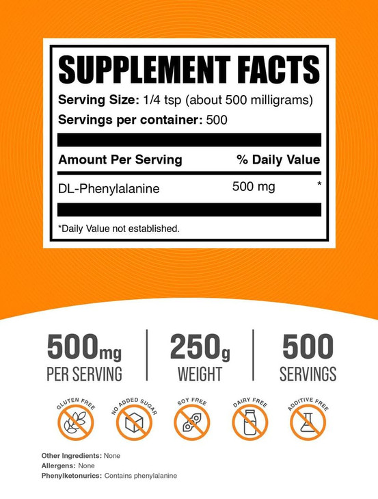 BulkSupplements.com DL-Phenylalanine Powder - DLPA Powder, Phenylalanine Supplement - Unflavored & Gluten Free, 500mg per Serving, 250g (8.8 oz) (Pac