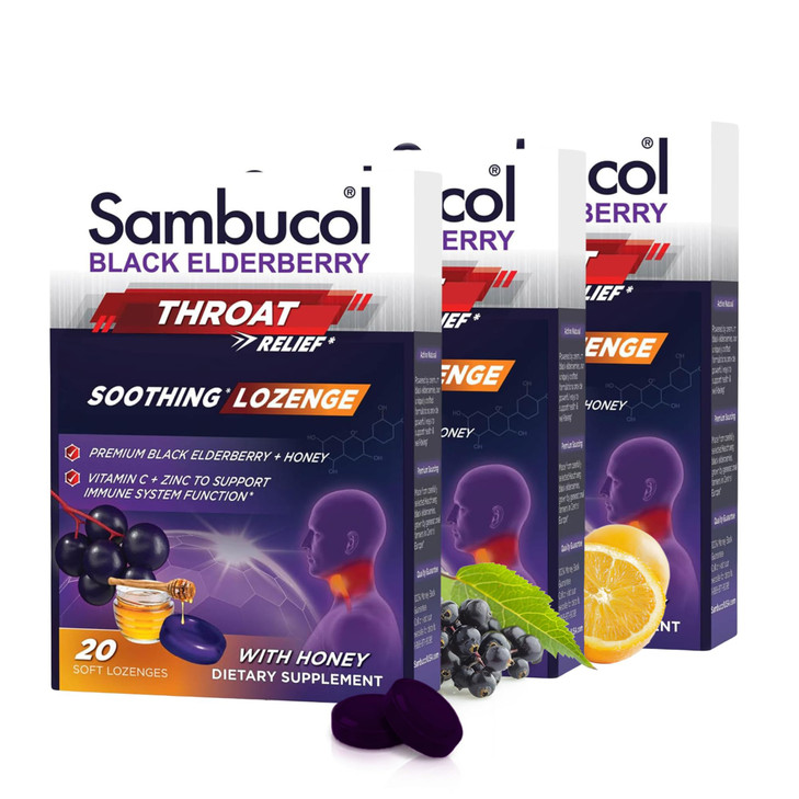 Sambucol Black Elderberry Throat Lozenge - Sore Throat Drops with Honey, Vitamin C & Zinc, Sore Throat Relief for Adults & Kids, Soothes Cough, Soft