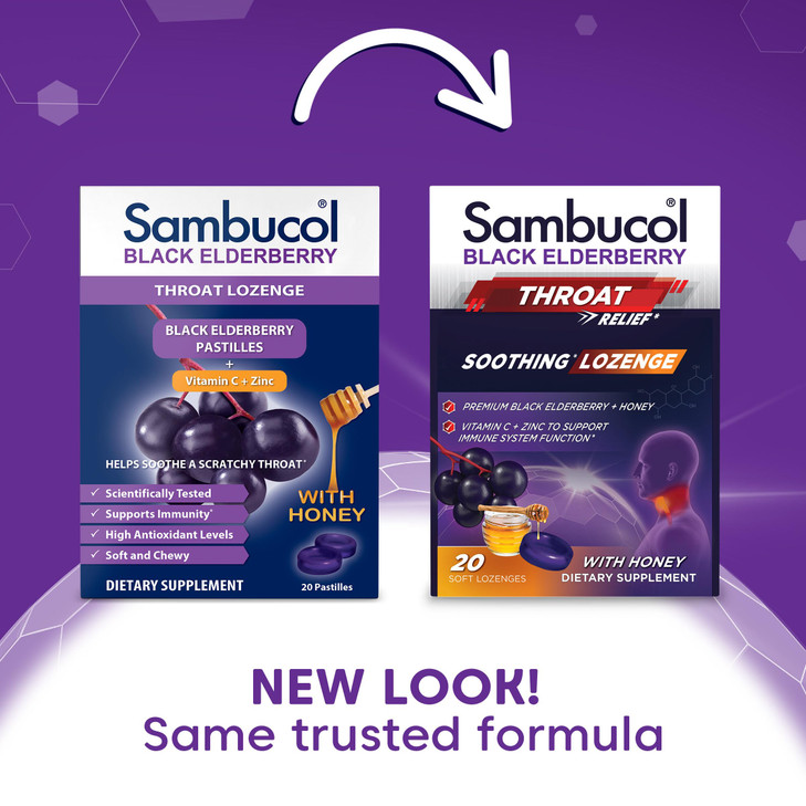 Sambucol Black Elderberry Throat Lozenge - Sore Throat Drops with Honey, Vitamin C & Zinc, Sore Throat Relief for Adults & Kids, Soothes Cough, Soft