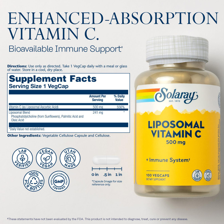SOLARAY Liposomal Vitamin C 500mg - Enhanced Absorption Vitamin C Liposomal Blend with Fatty Acids - Antioxidant and Immune Support Supplement - Vega