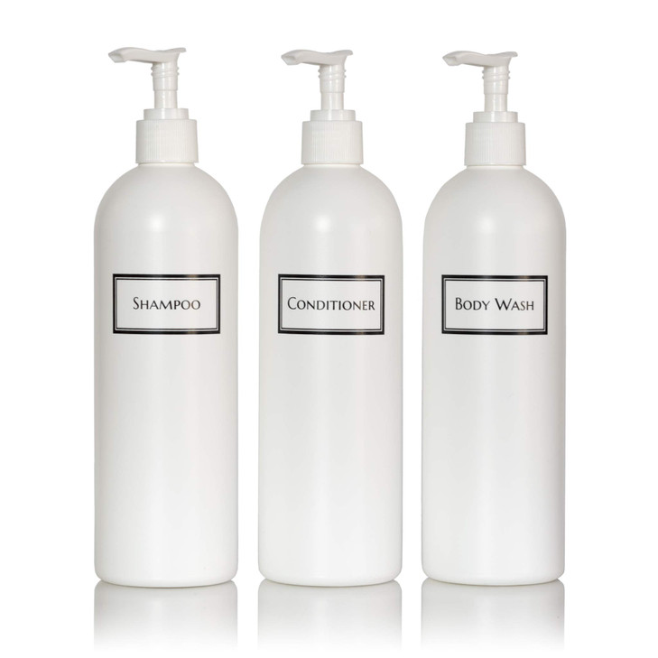Artanis Home Silkscreened Empty Shower Bottle Set for Shampoo, Conditioner, and Body Wash, Cosmo/Bullet 16 oz 3-Pack, White (White Pumps)