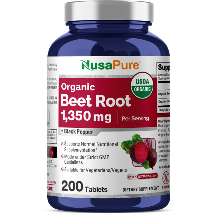 NusaPure Beet Root 1,350 mg 200 Organic Tablets (Vegetarian, USDA, Non-GMO & Gluten Free) Black Pepper