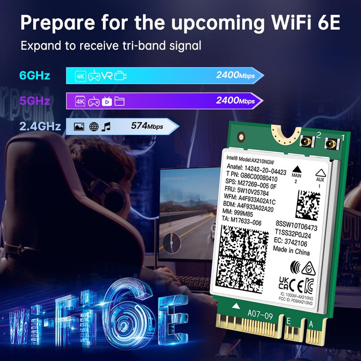 AX210NGW WiFi 6E Card for PC Laptop - Tri-Band 5400Mbps with Bluetooth 5.3 Supports New 6GHz Band, 160MHz Channel, MU-MIMO M.2 2230 Interface for Int