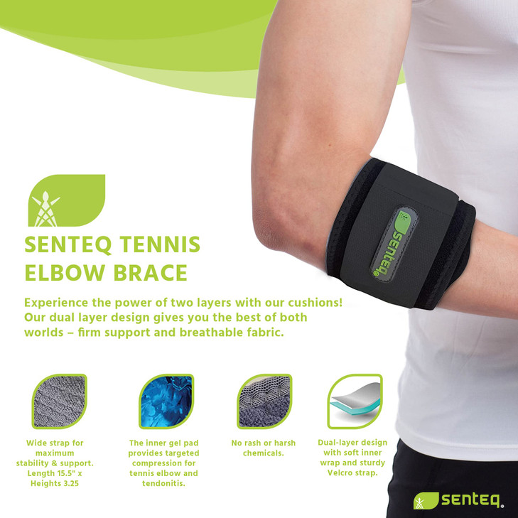 SENTEQ Black Tennis Elbow Brace: Arm Band for Tennis Elbow, Golfer Elbow and Forearm Support, Neoprene Wraps and Strap, Braces for Men and Women