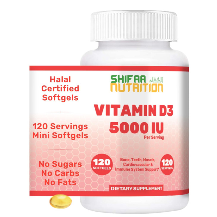 SHIFAA NUTRITION Halal Vitamin D, Halal Vitamin D3, 5000 IU Softgels, 120 Servings. Non-GMO, Gluten-Free, Supports: Structure, Bones, Teeth, Heart, M