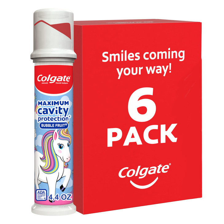 Colgate Kids Unicorn Toothpaste Pump with Fluoride for Cavity Protection, Ages 6+, ADA Accepted, Bubble Fruit, 4.4 Ounce, 6 Pack